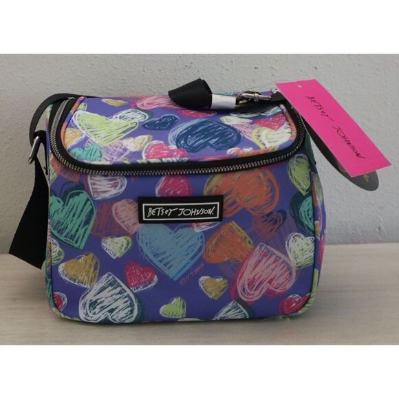 Betsey Johnson TBJ-1300 Women's Purple Multi Hearts Insulated Cube Lunch Tote - Picture 1 of 8